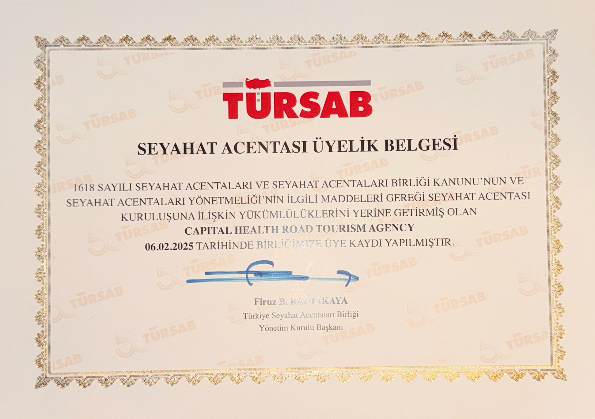 Capital Health Road TÜRSAB seyahat acentası üyelik belgesi